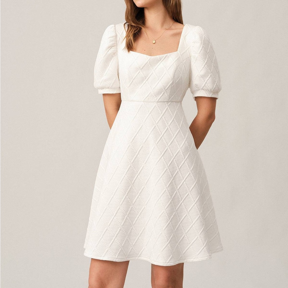 Rihoas Solid Textured Puff Sleeve Mini Dress